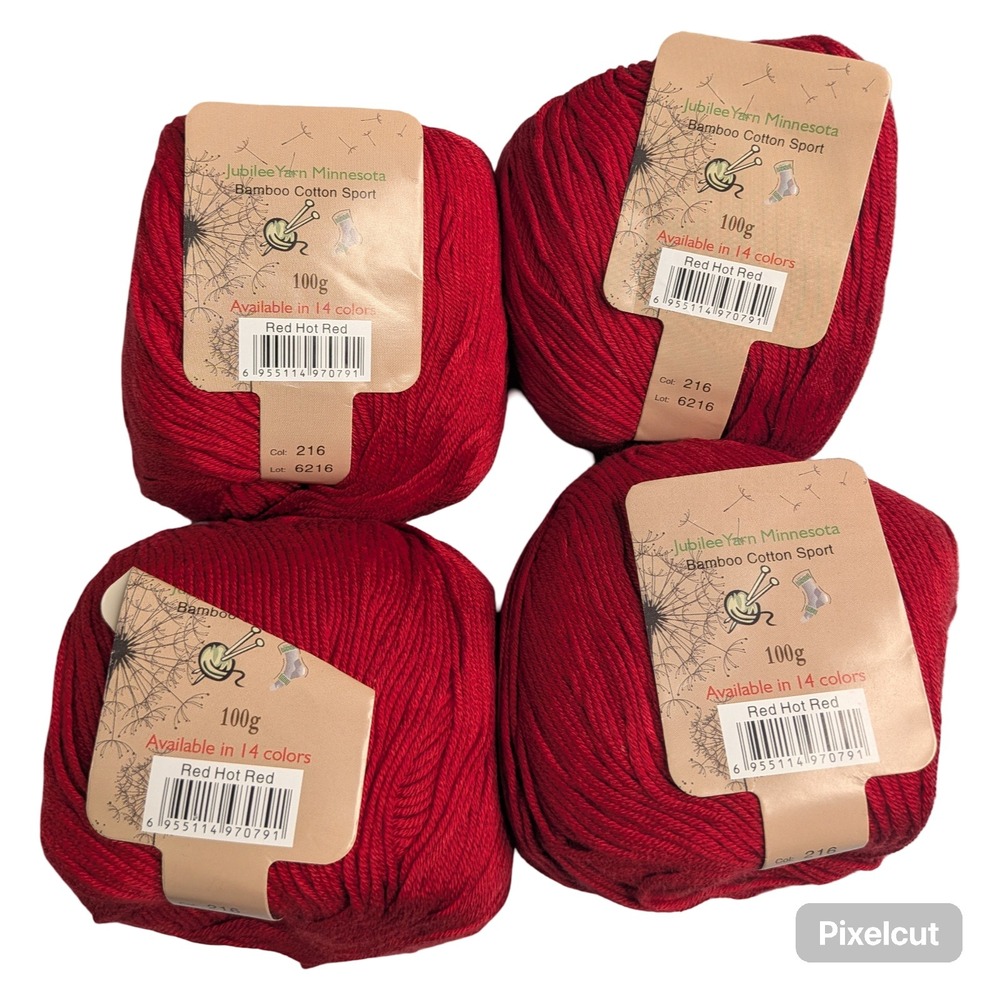 Jubilee Yarn Bamboo Cotton Sport Red Hot Red 216 Lot 6216 4 Skeins 100g Each